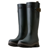 Ariat Ladies Woodstock Insulated Wellies Variant Navy. A pair of tall Navy Ariat rubber rain boots with brown soles and a brown buckle detail on the side, shown against a plain white background.