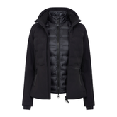 LeMieux AW26 Brooke 3 in 1 Waterproof Hybrid Jacket Varient Black. A black hooded puffer jacket with a quilted inner layer, shown against a plain white background.