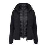 LeMieux AW26 Brooke 3 in 1 Waterproof Hybrid Jacket Varient Black. A black hooded puffer jacket with a quilted inner layer, shown against a plain white background.