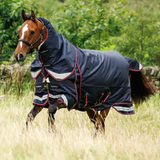 Horse wearing a navy blue turnout rug runs in a field with long grass