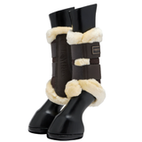LeMieux AW26 Heritage Fleece Edged Brushing Boot Varient Cocoa. A pair of dark brown horse leg boots with thick cream-colored faux fur trim, shown on a plain white background.