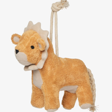 Plush lion toy with a rope on a white background