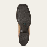 Ariat Ladie's Western Round Up Remuda Wide Toe Varient Brown Bomber. The outsole of a brown leather boot with a dark brown treaded rubber sole, shown from a top-down view on a light beige background.