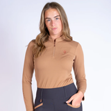 Blackfort Cool Mesh Baselayer AW26-Longsleeve Variant Caramel. Caramel coloured long sleeve base layer with gold detailing agaisnt a white background.