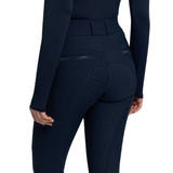 Navy riding pants with a textured seat on a white background