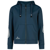 Pikeur AW26 Athleisure Zip Hoody Variant Pine Green. A dark teal blue zip-up hoodie with a drawstring hood, front pockets, and white circular graphic prints on both sleeves, featuring the brand name 'PIKEUR' printed near the bottom left.