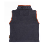 Holland Cooper Little Country Fleece Gilet Varient Ink Navy. Mini fleece gilet with bworn leather trim detailing and Holland Cooper branding on the collar on a white background.