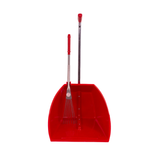 Red dustpan with long handle and attached brush on a white background