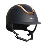 A matte Navy equestrian riding helmet with a metallic gold accent stripe and a small oval 'evoke' logo on the front, shown against a plain white background. Evoke Elara Riding Hat Varient Navy Rose Gold