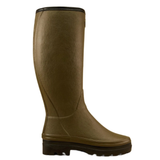 A tall olive green rubber rain boot shown from a side profile view against a plain white background.