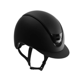 Black riding helmet with a visible brand logo on a white background