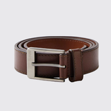 Brown leather belt with a silver buckle and orange stitching.