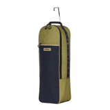 LeMieux AW26 Anatomical Bridle Bag Varient Gooseberry. A tall, narrow LeMieux bridle bag in olive green and navy blue, featuring a telescoping handle, a front zippered pocket, and a vertical brand stripe on the side, set against a plain white background.