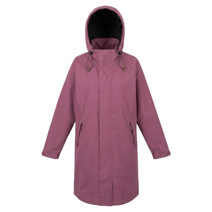 A dusty pink hooded raincoat with a black-lined hood and drawstrings, featuring the brand name 'REINCOAT' printed vertically on the chest, shown against a plain white background.