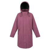 A dusty pink hooded raincoat with a black-lined hood and drawstrings, featuring the brand name 'REINCOAT' printed vertically on the chest, shown against a plain white background.