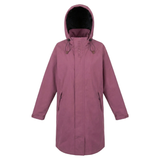 A dusty pink hooded raincoat with a black-lined hood and drawstrings, featuring the brand name 'REINCOAT' printed vertically on the chest, shown against a plain white background.