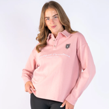 Blackfort Remi Rugby Shirt Variant Marshmallow. Pink Rugby shirt with Blackfort Equestrian written across the front against a white background.