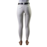 White riding pants with a black belt on a white background