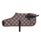 LeMieux AW26 Toy Pony Heritage Rug Varient Cocoa. A horse saddle pad by LeMieux featuring a brown and beige diamond plaid pattern, a black braided decorative knot, and a black strap closure, shown against a plain white background.