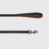 A dark brown leather dog leash with a matching leather handle and an antique bronze metal clasp, shown against a light gray background.