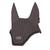 LeMieux AW26 Heritage Fly Hood Variant Cocoa. A dark gray knit horse fly veil with solid dark gray ear covers and a small gold and black Semireux brand patch on the front, shown against a plain white background.