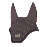 LeMieux AW26 Heritage Fly Hood Variant Cocoa. A dark gray knit horse fly veil with solid dark gray ear covers and a small gold and black Semireux brand patch on the front, shown against a plain white background.
