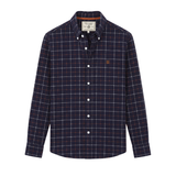 Holland Cooper Men's Classic Fit Brushed Cotton Shirt Variant Copper Navy Check. A long-sleeve button-down shirt in navy blue with a white and red windowpane plaid pattern, featuring a small embroidered logo on the left chest.