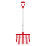 Red garden rake with a long handle on a white background