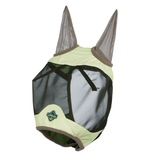 Yellow and black horse fly mask on a white background