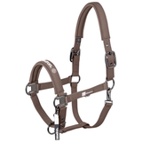 Brown headcollar with 'Eskadron' branding and silver buckles against a white background.