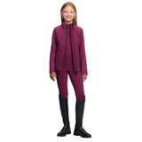 LeMieux AW26 Young Rider Betty Lightweight Jacket Varient Blackberry. Girl wearing a full blackberry outfit with black boots on a white background.