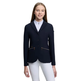 Person wearing a navy equestrian jacket on a white background