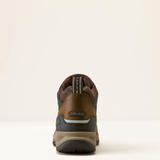 Ariat Men's Terrain Trek H20 Variant Dark Chocolate. A rear view of a brown and dark gray Ariat mid-top hiking boot on a clean, off-white studio background.