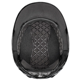 Black equestrian helmet with quilted design on a white background
