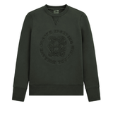 Holland Cooper Cranborne Crystal Crew Variant Ivy Green. A dark olive green crewneck sweatshirt with a tonal, embossed circular graphic on the chest reading 'Cooper Sporting' and 'Holland'. The sweatshirt is displayed flat against a solid white background.