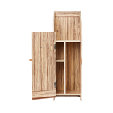 LeMieux AW26 Hobby Horse Stable Wooden Variant Colour Brown.
A toy wooden storage cabinet for a hobby horse with a natural wood grain finish, featuring a single open door on the left, a closed upper cabinet section on the right, and two internal shelves.