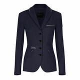 Navy blue blazer with brand logo on a white background