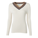 White sweater with a V-neck and brown trim on a white background