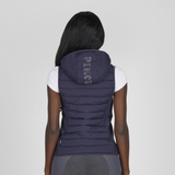 Model showing back of navy gillet on white back ground