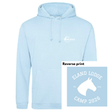 Light blue hoodie with a white logo on a white background, featuring 'Eland Lodge Camp 2026' text.