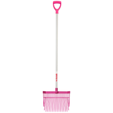 Shavings fork with pink handle and rake on white background