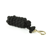 Black leadrope with gold clip on a white background.