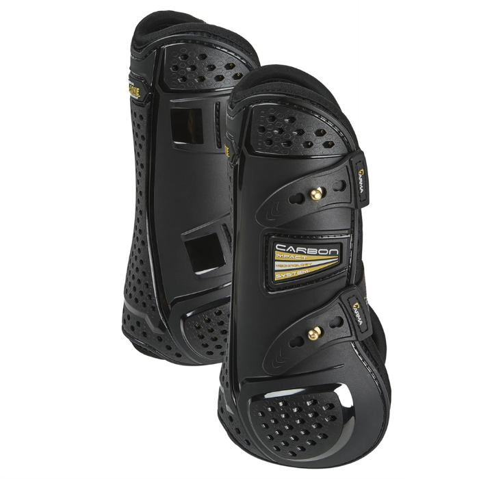 Shires Arma Oxi-Zone Tendon Boots Varient Black. Horse tendon boots in black with elasticated straps and "CARBON" branding on a white background.