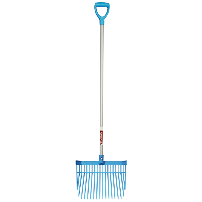 Shavings fork with blue handle and rake on white background