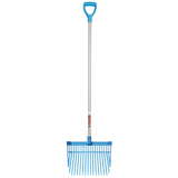 Shavings fork with blue handle and rake on white background