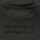 Holland Cooper Cranborne Crystal Crew Variant Ivy Green. Close-up of a dark olive ribbed fabric garment with 'EQUESTRIAN Sporting Goods' text across the chest in a sparkling rhinestone-style font.