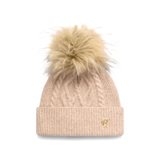 Holland Cooper Sloane Cable Bobble Hat Variant Taupe Marl. A light beige cable-knit beanie with a fluffy tan faux fur pom-pom and a small gold monogram logo on the front cuff, shown against a plain white background.