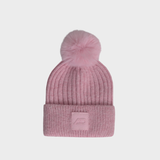 Pink beanie with logo and pom-pom on a light grey background