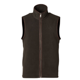 Holland Cooper Country Fleece Gilet (Men's) Variant Khaki. Khaki fleece with brown trim detailing and a silver zip on a hite background.