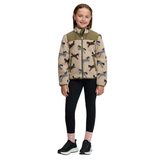 LeMieux AW26 Mini Theo Pony Fleece Varient Willow Green. A young girl stands against a plain white background wearing a fleece jacket with a horse pattern, black leggings, pink socks, and black sneakers.